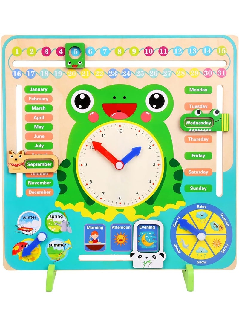 MOSH Montessori Wooden Toys Kids Clock Toy Unique Frog Shape Wooden Learning Toy for Toddlers 36 Month+ Year Olds Learn About Seasons Month Days of Week Time Educational Toys - Image 1